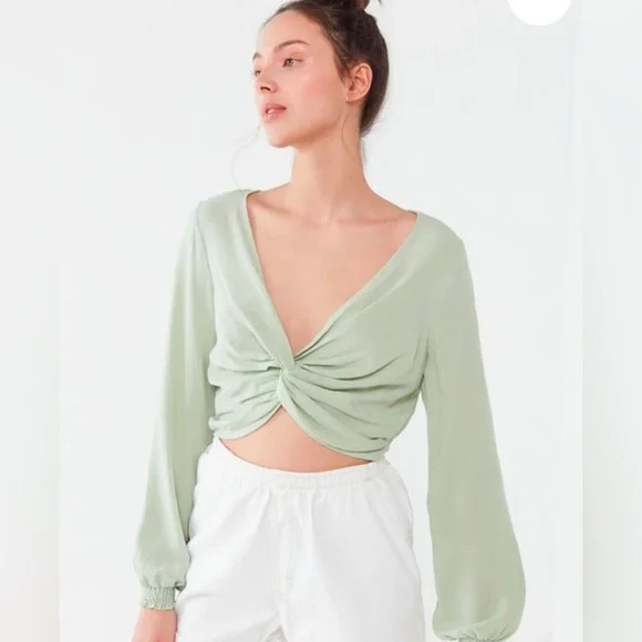 Urban Outfitters Light Green Twisted Front Deep V Long Sleeve Top, Size XS - Picture 10 of 10